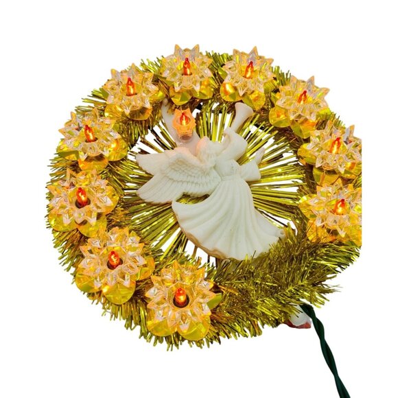 Vintage Tree Topper Gold Tinsel White Light Up Angel Silhouette Christmas Tested - Picture 2 of 8